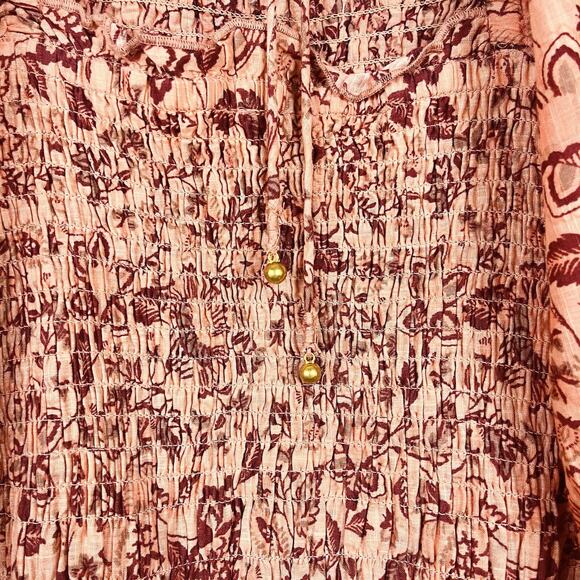 Free People Smock To Me Puff Sleeve Ruched Apricot Pink Floral Mini Dress Small - Picture 7 of 7